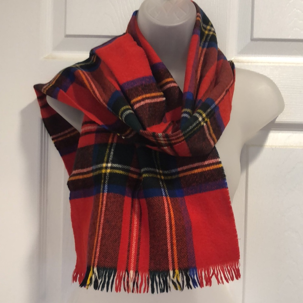 Vintage lambswool tartan scarf by Jenners of Edinburgh. Multicolor pattern.